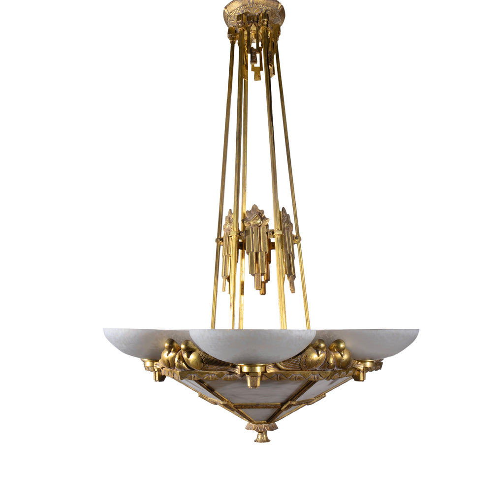 A FRENCH ART DECO PERIOD GILT BRONZE CHANDELIER WITH FROSTED GLASS