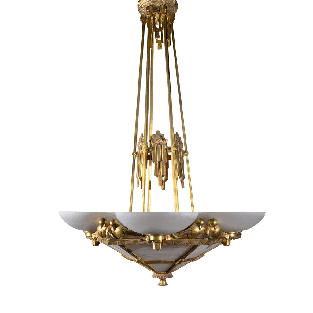 A FRENCH ART DECO PERIOD GILT BRONZE CHANDELIER WITH FROSTED GLASS