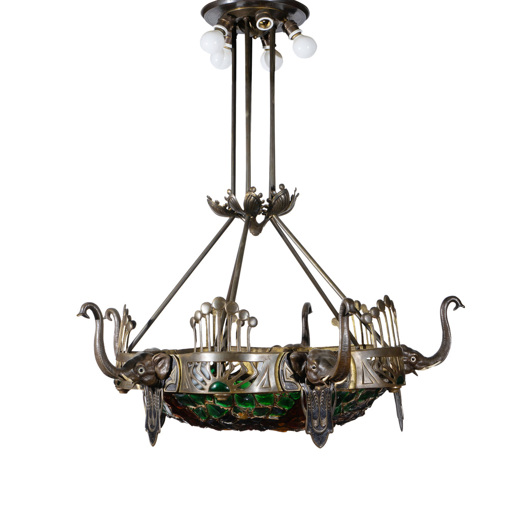 AN AUSTRIAN ART DECO SILVERED BRONZE AND COLORED GLASS ELEPHANT MOTIF CHANDELIER