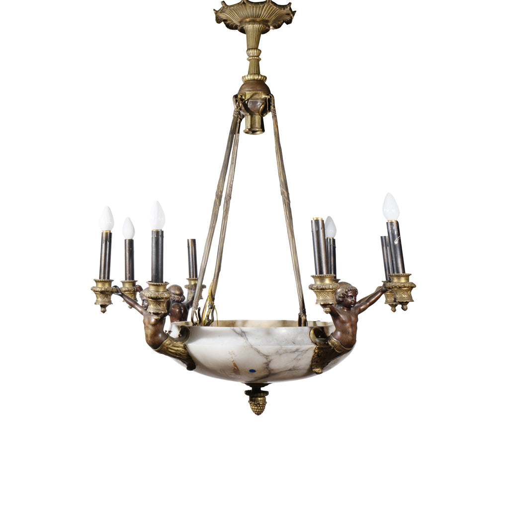 A FRENCH EMPIRE STYLE BRONZE AND MARBLE EIGHT-LIGHT CHANDELIER, 19TH CENTURY