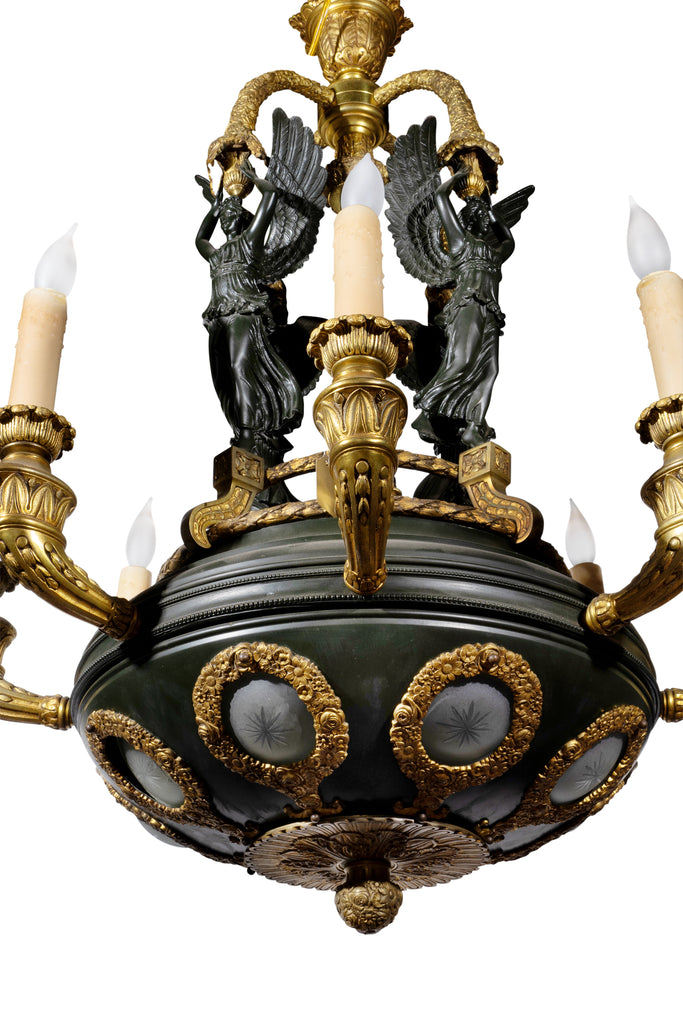 A FRENCH GILT & PATINATED BRONZE EMPIRE-STYLE CHANDELIER, 19TH CENTURY