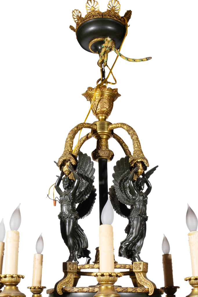 A FRENCH GILT & PATINATED BRONZE EMPIRE-STYLE CHANDELIER, 19TH CENTURY