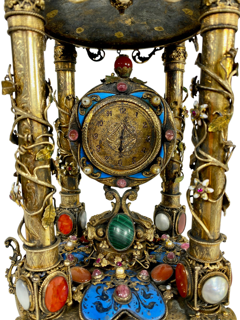 AN AUSTRO HUNGARIAN GILT STERLING SILVER JEWELED CLOCK CIRCA 1900