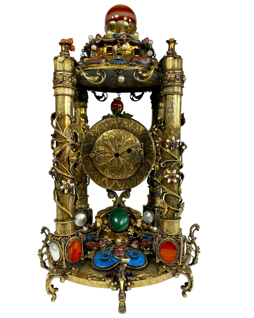 AN AUSTRO HUNGARIAN GILT STERLING SILVER JEWELED CLOCK CIRCA 1900