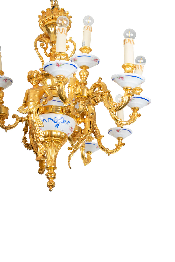 A FRENCH LOUIS XV STYLE GILT BRONZE AND PORCELAIN 12 LIGHT FIGURAL CHANDELIER, 20TH CENTURY