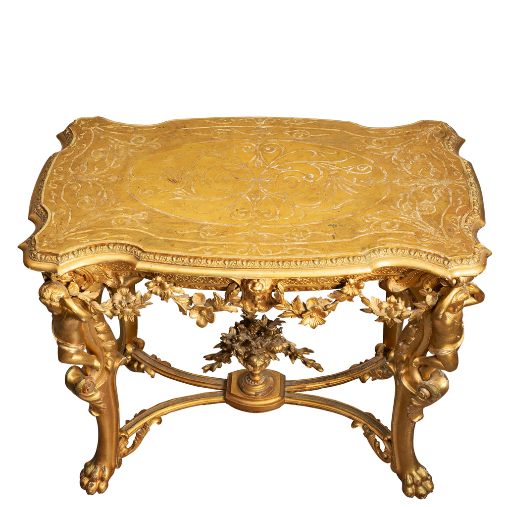 A FRENCH LOUIS XV STYLE CARVED GILT WOOD & GESSO FIGURAL SIDE TABLE, 19TH CENTURY