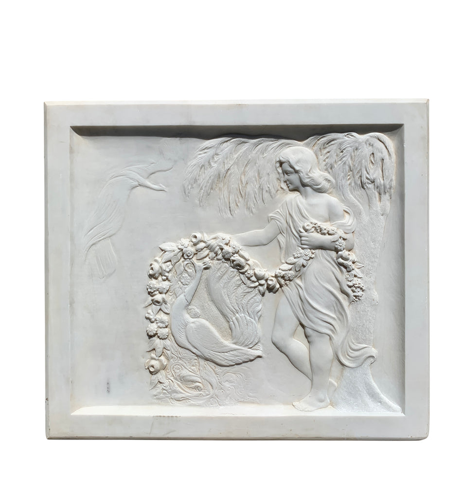 Antique Italian carved marble bas relief - lady and peacock