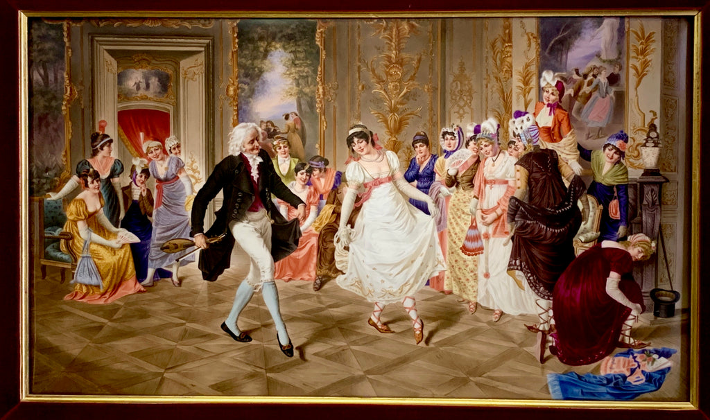 A LARGE RECTANGULAR KPM PORCELAIN PLAQUE TITLE 'THE DANCE LESSON'