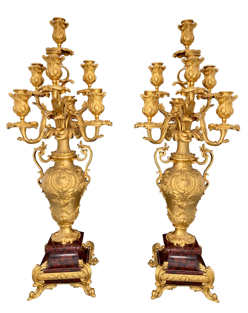 A PAIR OF GILT BRONZE SEVEN LIGHT CANDELABRAS BY F. BARBEDIENNE