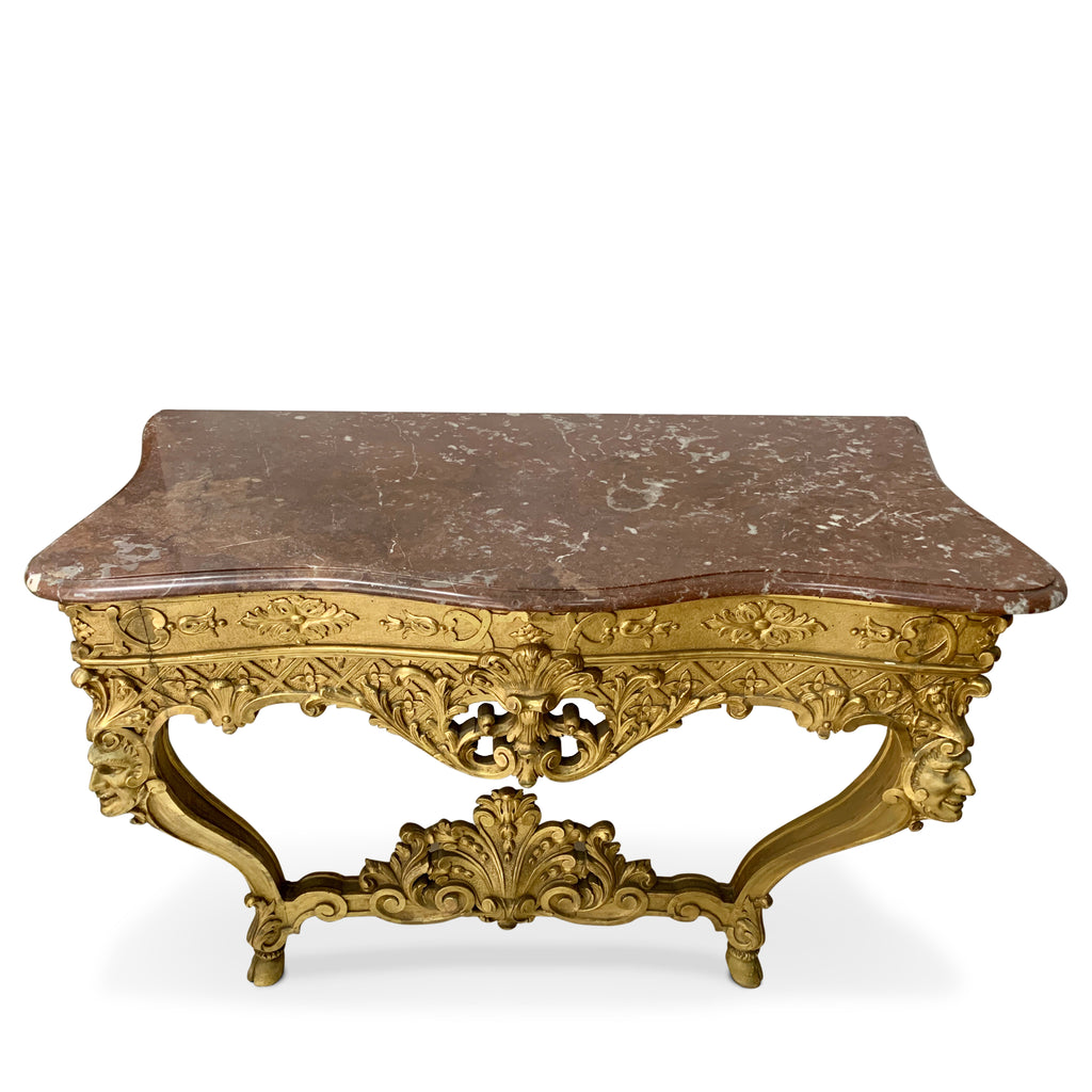 FRENCH ANTIQUE LOUIS XV STYLE GILT WOOD AND MARBLE TOP CONSOLE TABLE