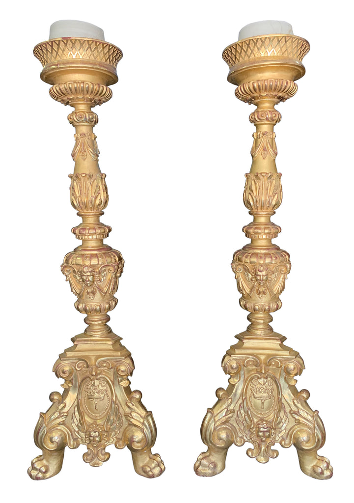 A PAIR OF LARGE ANTIQUE ITALIAN GILT WOOD NEOCLASSICAL TORCHERES