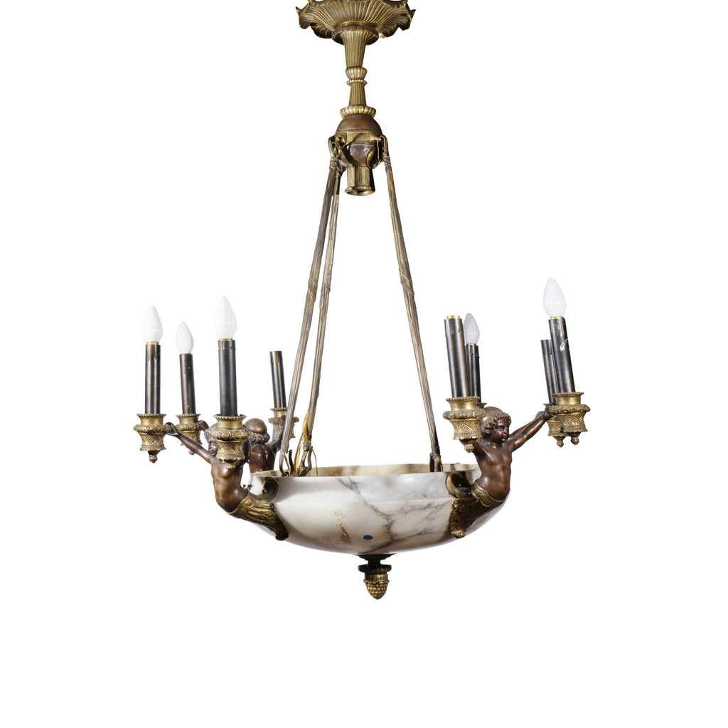 A FRENCH EMPIRE STYLE BRONZE AND MARBLE EIGHT-LIGHT CHANDELIER, 19TH CENTURY