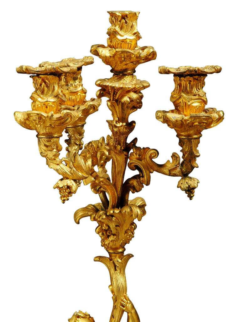 A PAIR OF ANTIQUE FRENCH VICTORIAN GILT BRONZE FOUR LIGHT FIGURAL CANDELABRAS