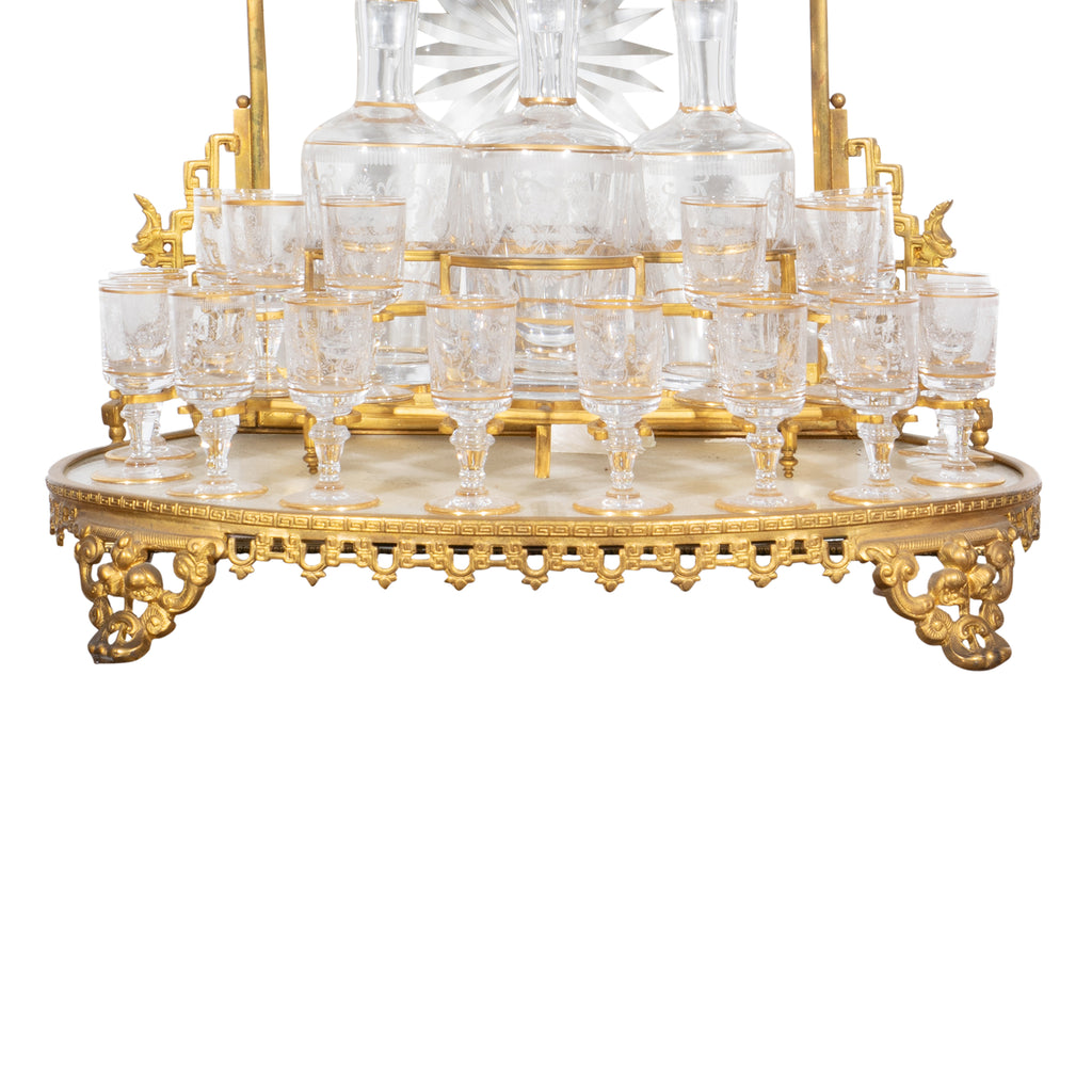 A FINE FRENCH BACCARAT GILT BRONZE & CRYSTAL CHINOISERIE DECORATED LIQOUR SET, 19TH CENTURY