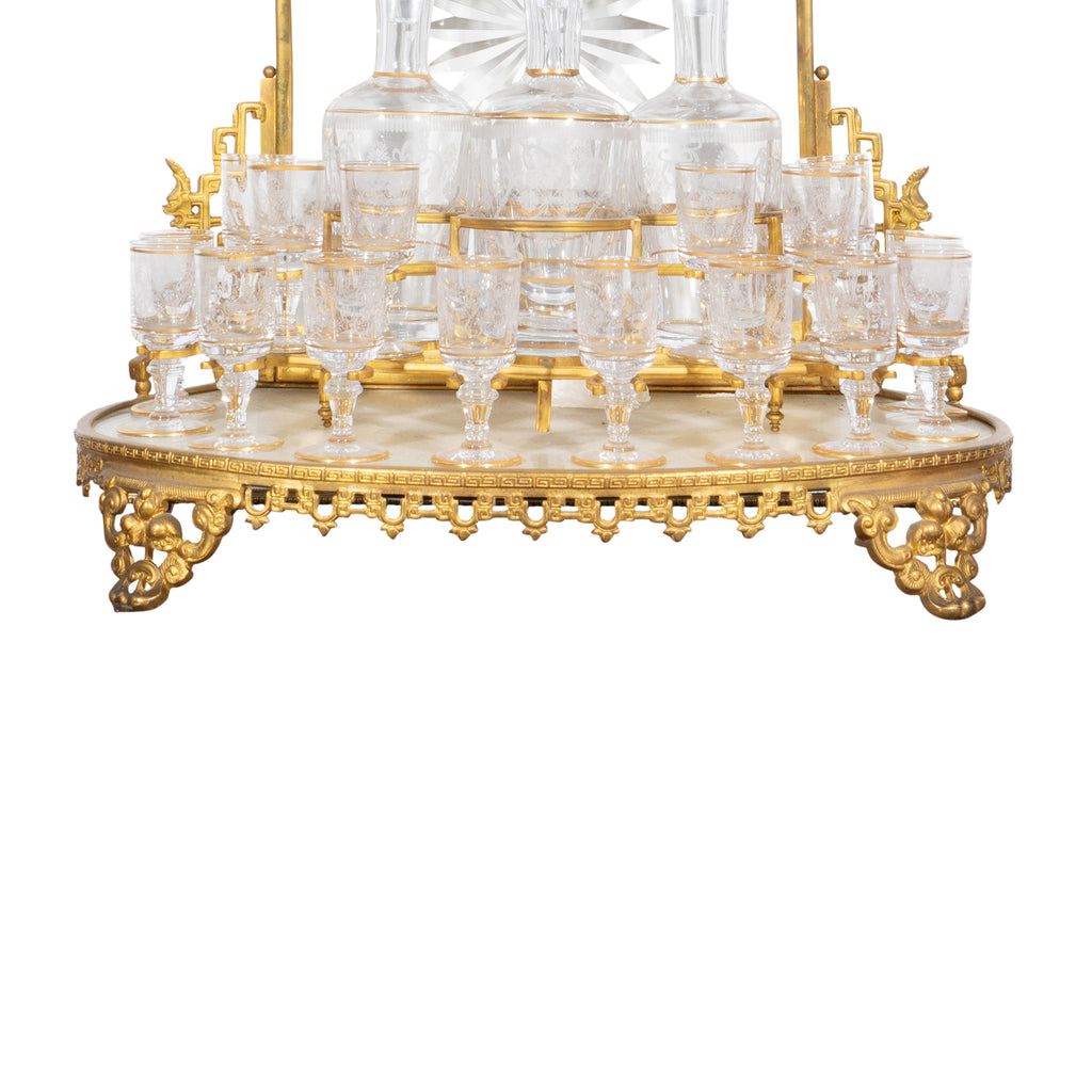A FINE FRENCH BACCARAT GILT BRONZE & CRYSTAL CHINOISERIE DECORATED LIQOUR SET, 19TH CENTURY