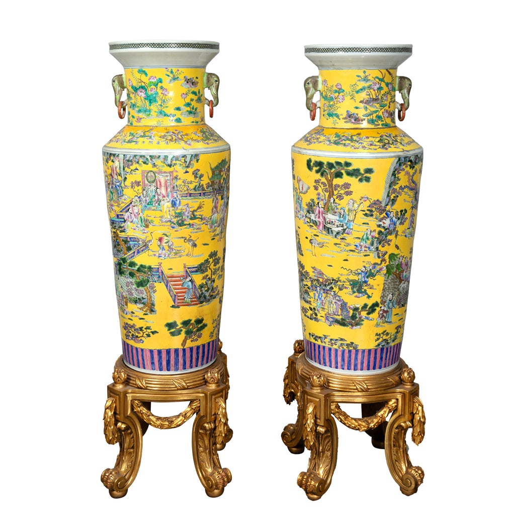 PAIR OF LARGE CHINESE YELLOW GROUND FAMILLE-ROSE PALACE VASES