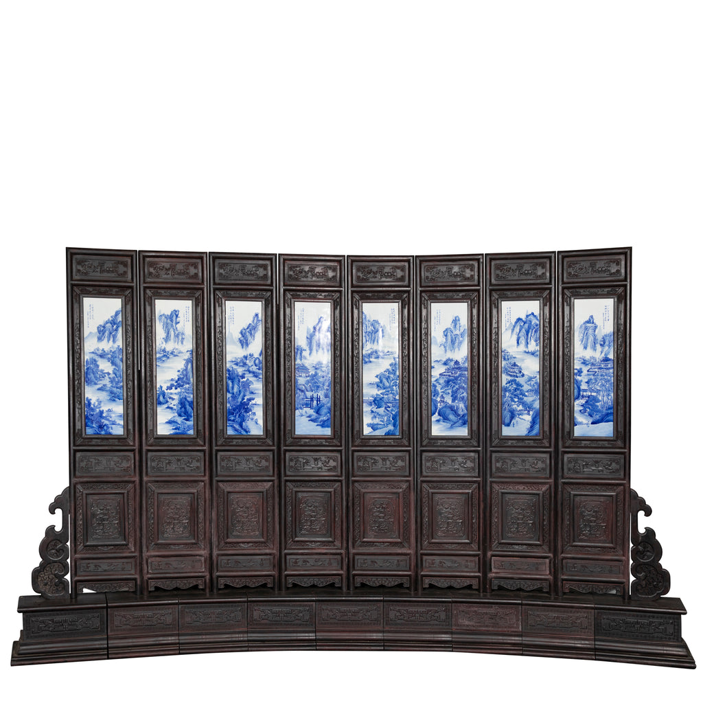LARGE CHINESE BLUE AND WHITE PORCELAIN EIGHT PANEL SCREEN