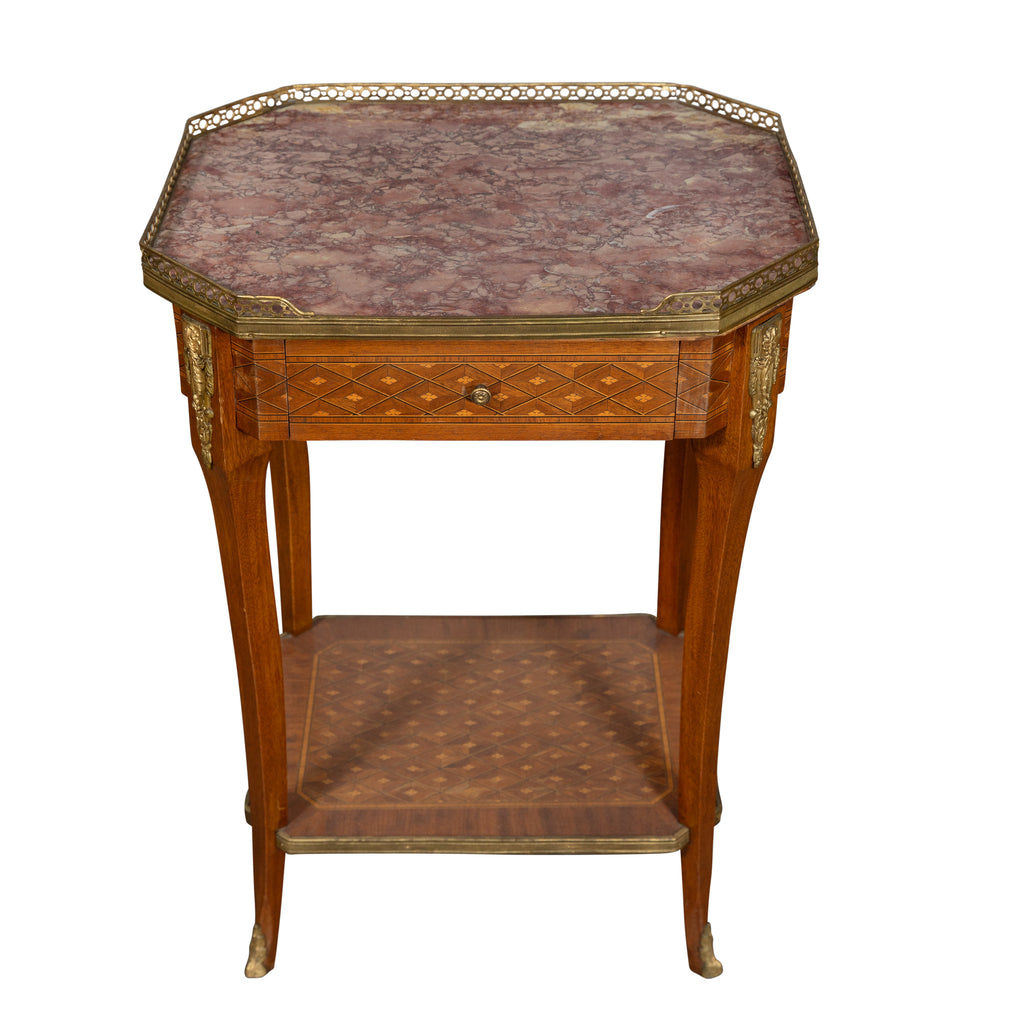 PAIR OF FRENCH LOUIS XVI STYLE INLAID MARBLE TOP NIGHT STANDS