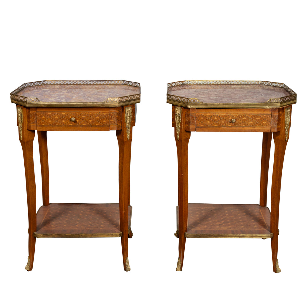 PAIR OF FRENCH LOUIS XVI STYLE INLAID MARBLE TOP NIGHT STANDS