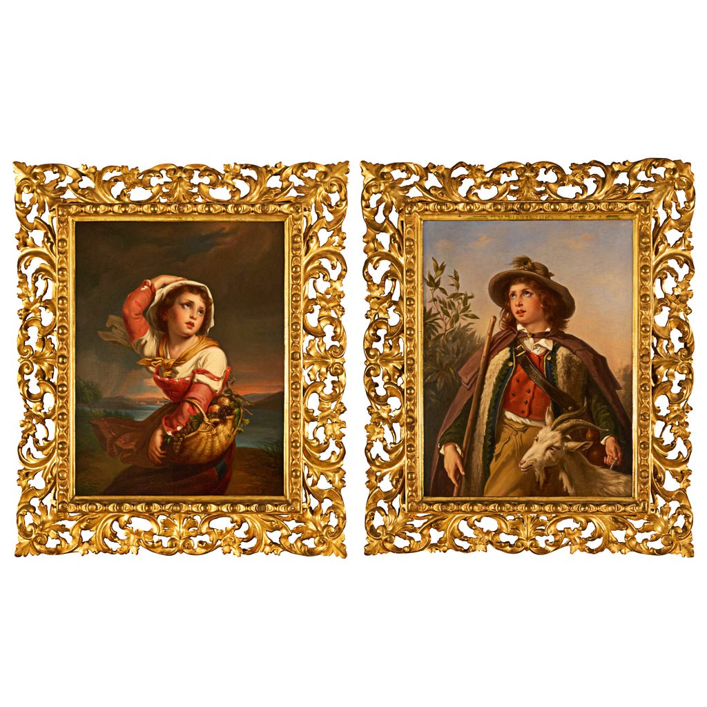 PAIR OF ANTIQUE OIL ON CANVAS PAINTINGS DEPICTING A SHEPHARD BOY AND GIRL