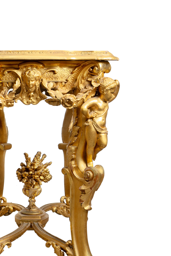 A FRENCH LOUIS XV STYLE CARVED GILT WOOD & GESSO FIGURAL SIDE TABLE, 19TH CENTURY