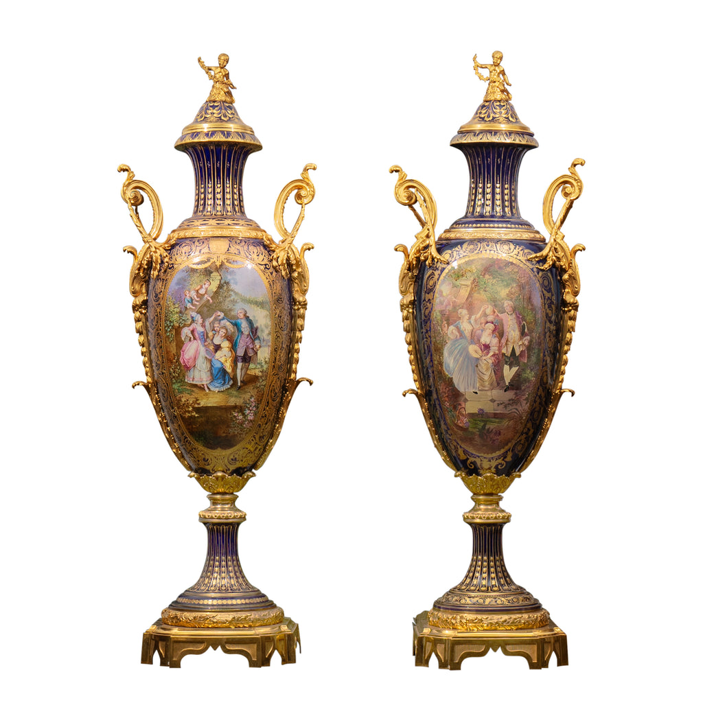 RARE PAIR OF SEVRES STYLE PALACE SIZE GILT BRONZE MOUNTED VASES