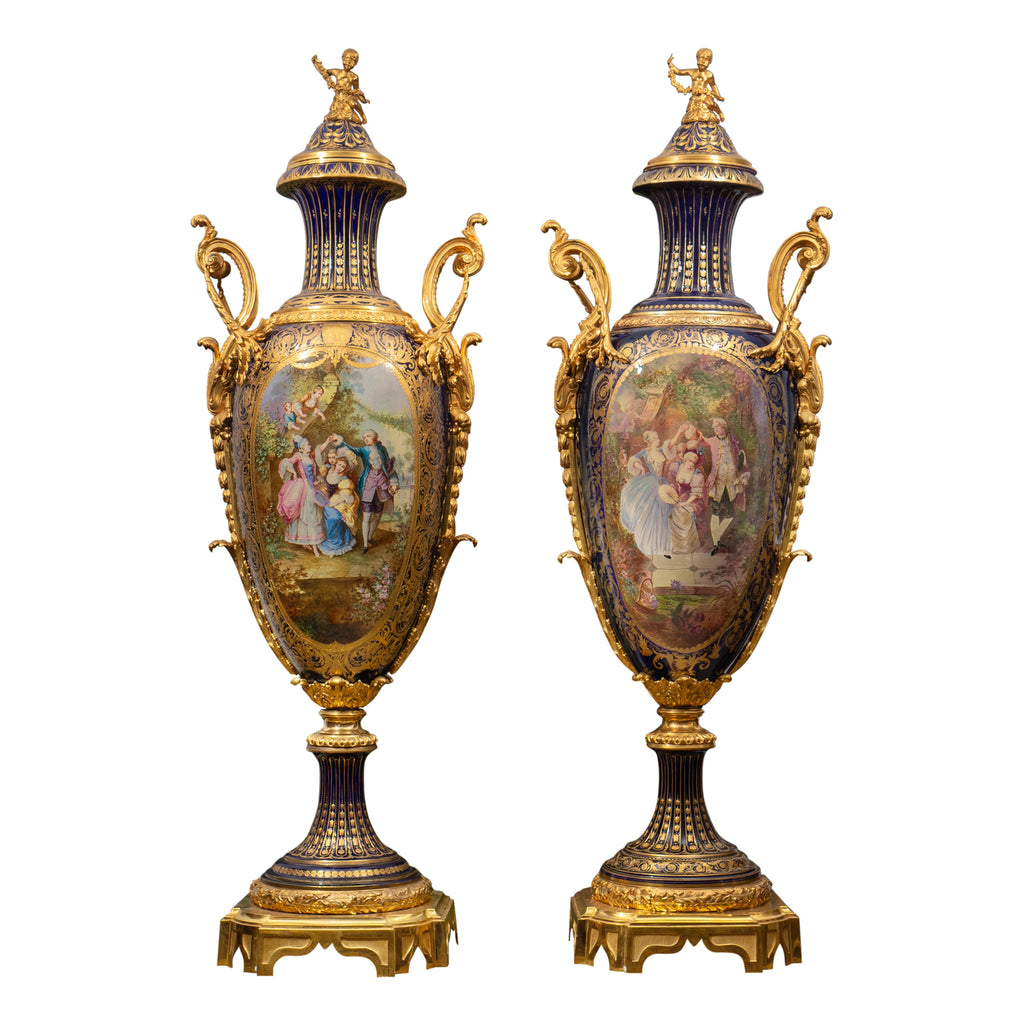 RARE PAIR OF SEVRES STYLE PALACE SIZE GILT BRONZE MOUNTED VASES
