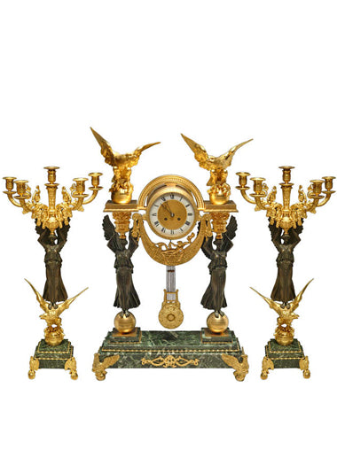 A Palatial French Second Empire Ormolu Bronze & Green Marble 3-piece Clock Garniture Clock Set