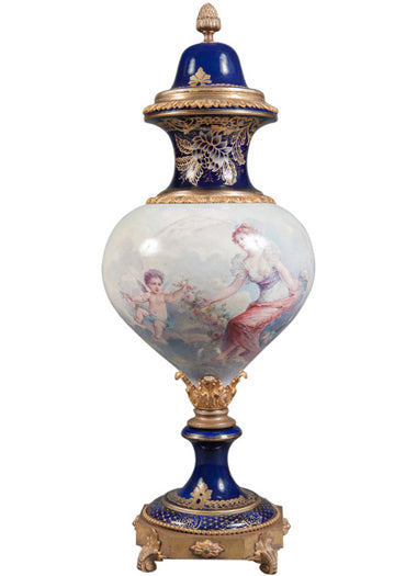 An Unique French Sevres Style Hand Painted Porcelain Lidded Vase
