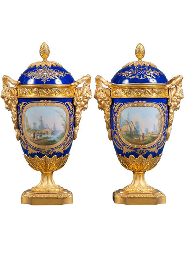 A Pair of Fine 19th Century French Gilt Bronze Mounted & Cobalt Blue Sevres Style Lidded Vases
