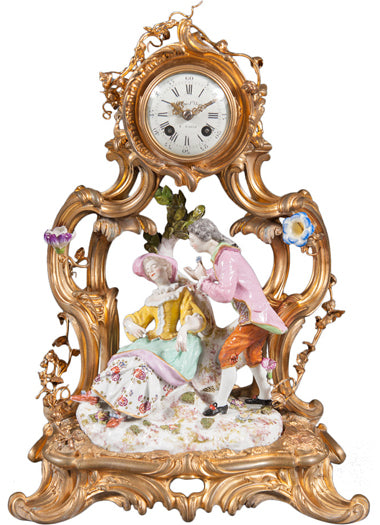 FRENCH LOUIS XV STYLE GILT BRONZE AND PORCELAIN MANTEL CLOCK, 19TH CENTURY