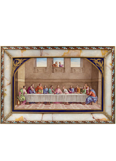 A LARGE FRENCH SEVRES STYLE PAINTED PLAQUE TITLED 'THE LAST SUPPER'