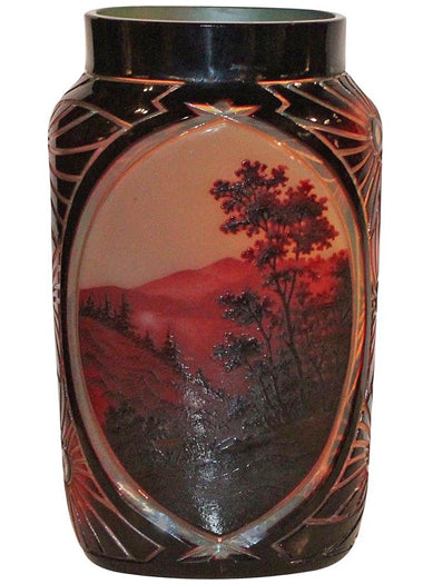 A Large French D'Argental Red Cameo Hand Etched Glass Vase