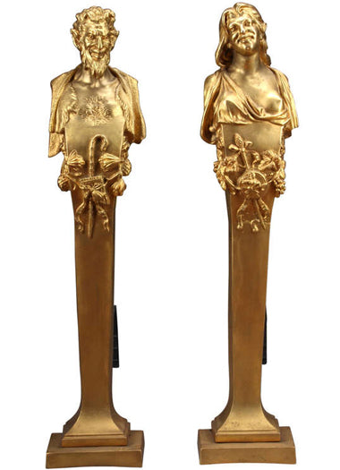 Pair of Gilt-Bronze Fire Place Figural Bronze Andirons depicting Pan and Nymph