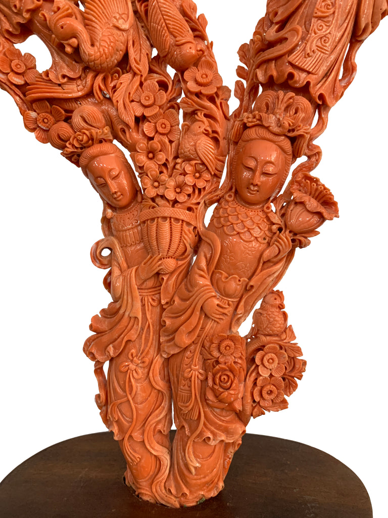 Large Chinese Carved Coral Figural Group of lady Immortals