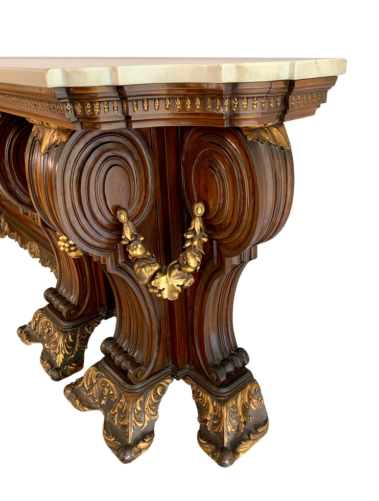 Large neoclassical style marble top console table - 114.5 inches long