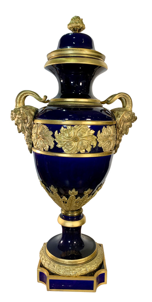 FRENCH SEVRES STYLE ORMOLU MOUNTED COBALT BLUE LIDDED VASE, 19TH CENTURY