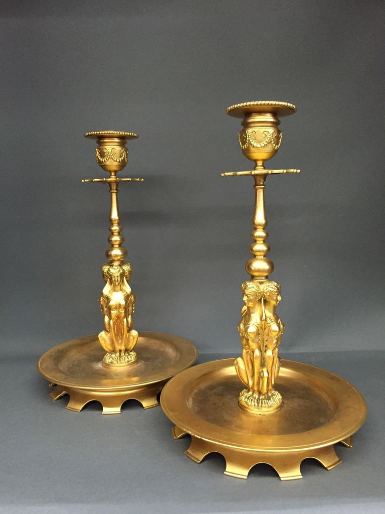 A French Pair of Gilt Bronze Antique Figural Candlesticks