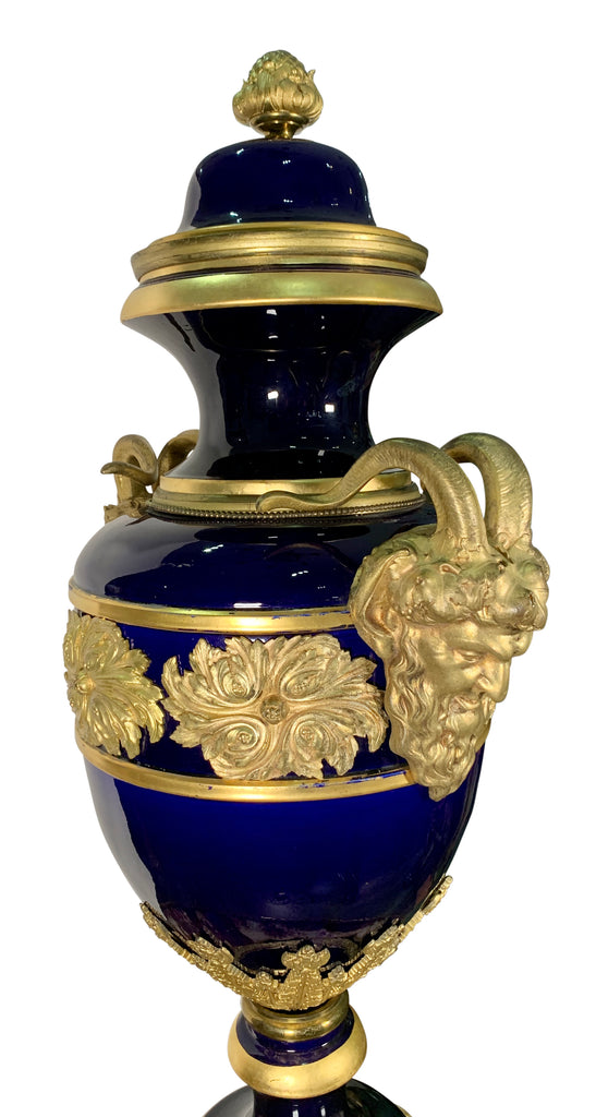 FRENCH SEVRES STYLE ORMOLU MOUNTED COBALT BLUE LIDDED VASE, 19TH CENTURY