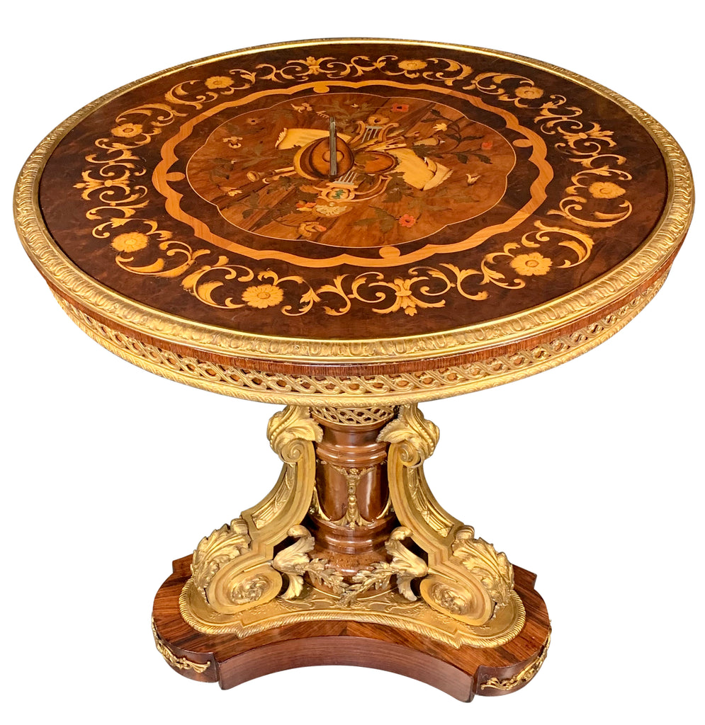 Antique French Gilt Bronze Mounted Marquetry Inlaid Round Center Table
