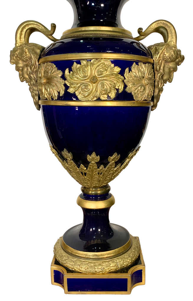 Large antique Sevres Cobalt-Blue ormolu mounted covered urn