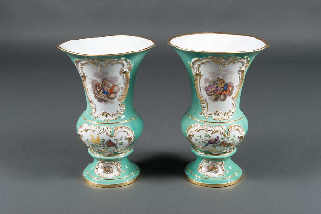 A PAIR OF MEISSEN PORCELAIN PAINTED URNS, 19TH CENTURY