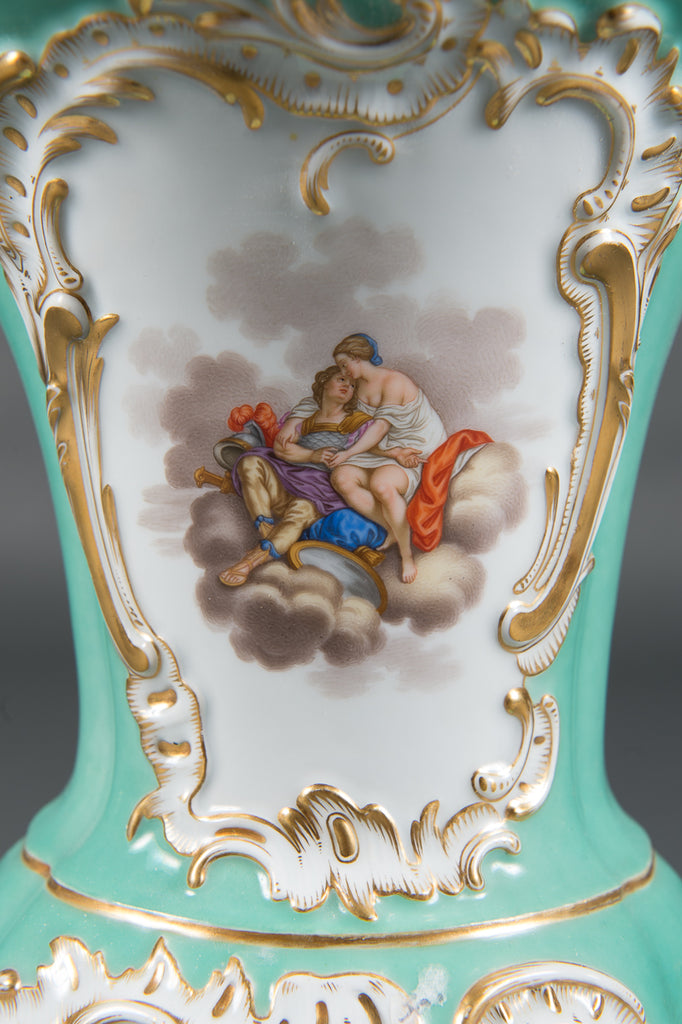 A PAIR OF MEISSEN PORCELAIN PAINTED URNS, 19TH CENTURY