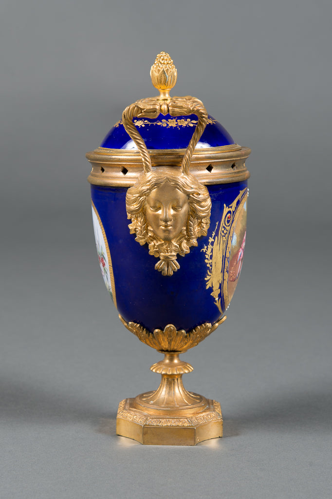 A Pair of 19th Century French Gilt Bronze & Cobalt Blue Sevres Style Jeweled Vases