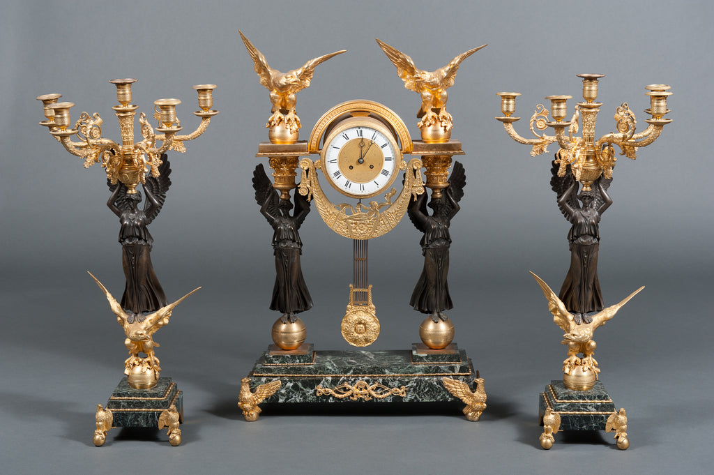 A Palatial French Second Empire Ormolu Bronze & Green Marble 3-piece Clock Garniture Clock Set