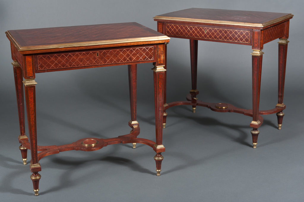 A Pair of 19th Century English Mahogany Side Tables with Gilt Brass Mounts & a Stretcher