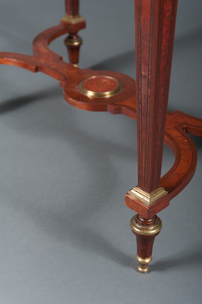 A Pair of 19th Century English Mahogany Side Tables with Gilt Brass Mounts & a Stretcher