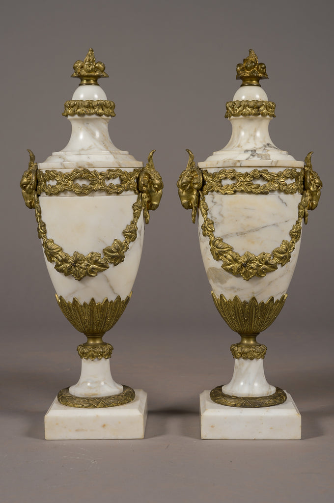 Pair of gilt bronze mounted white marble cassolettes