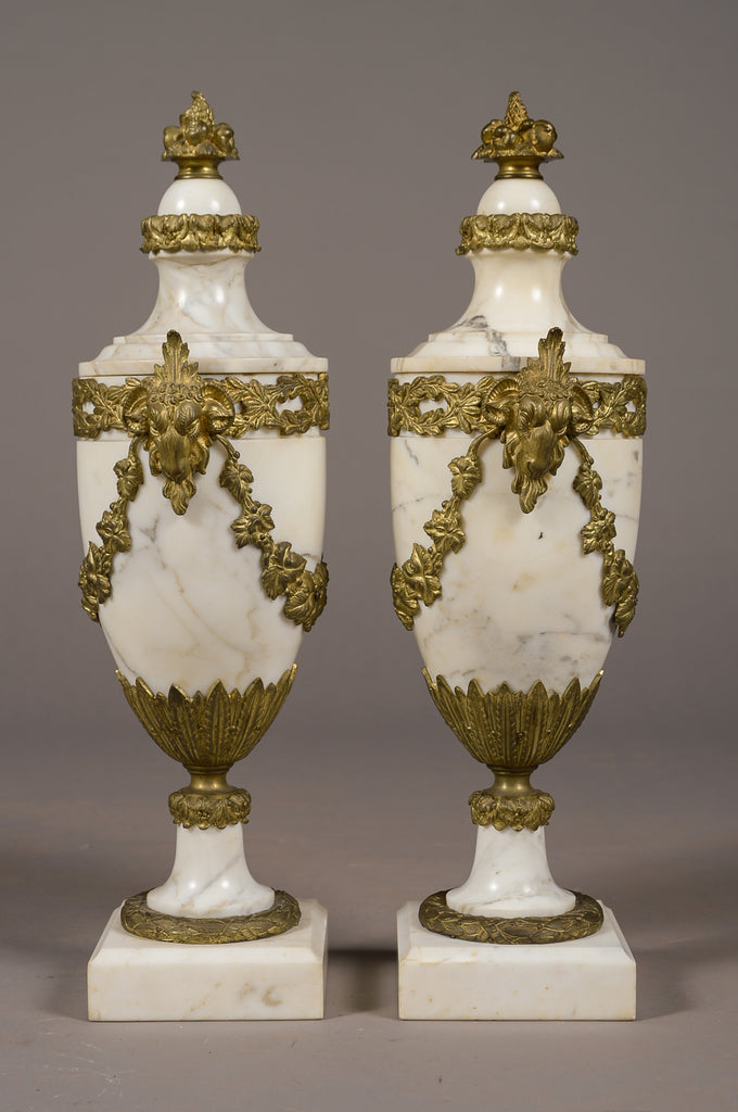 Pair of gilt bronze mounted white marble cassolettes