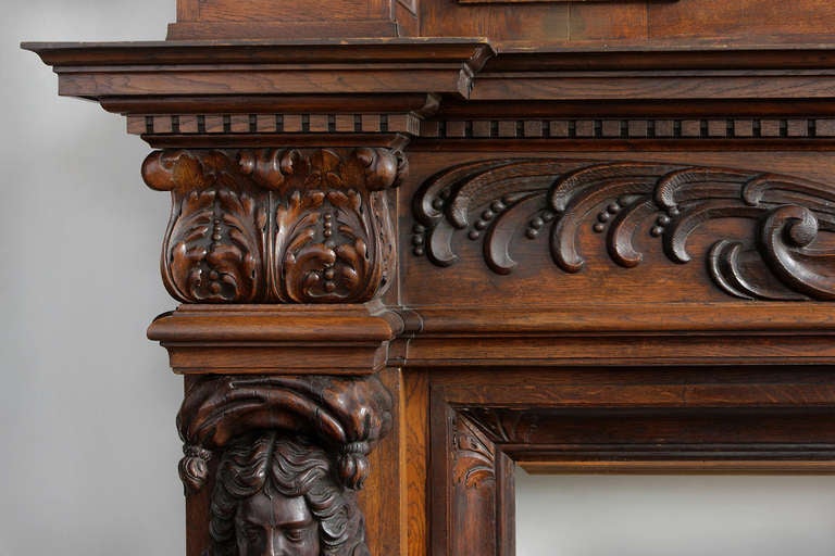 A PALATIAL ANTIQUE FRENCH FIGURAL WALNUT & OAK CARVED FIREPLACE